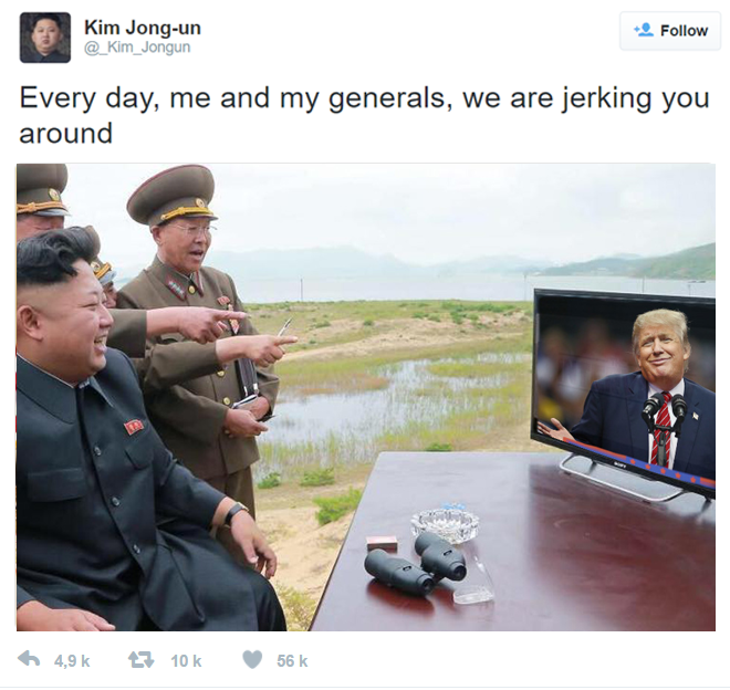 fake-tweet-trump-kim-jong-un-moquer "Tous les matins on se fout de ta gueule avec mes généraux" - Kim Jong Un se moque de Trump sur Twitter