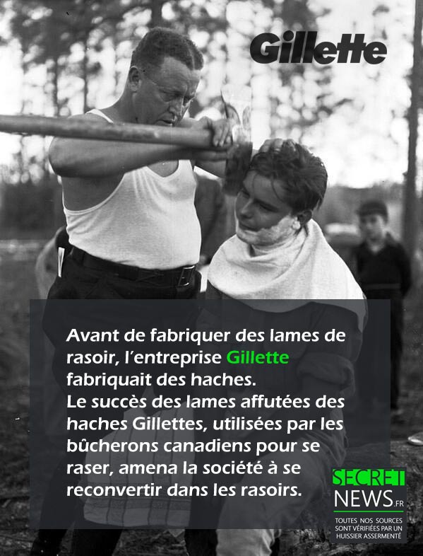 gilette-histoire-1 Avant de fabriquer des lames de rasoirs, l'entreprise Gillette était spécialisée dans la fabrication de haches et d'outils d'élagage